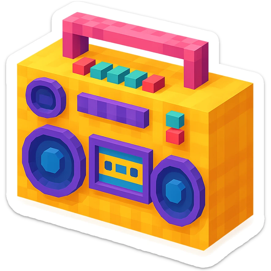 retro boombox with detailed buttons, cassette player, and large speakers sticker