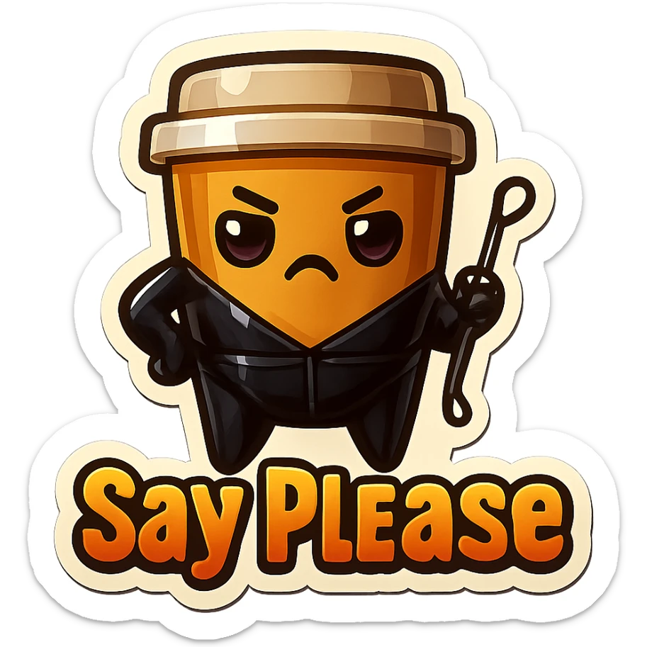 Tall coffee cup, dressed in leather holding a whipping crop, eyebrow furrowed, "big "Say Please" sticker