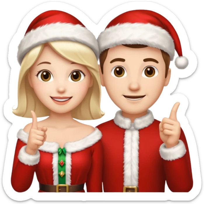 Adult couple wearing Xmas outfit pointing at you sticker