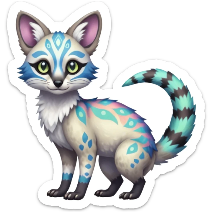 Rare iridescent white exotic epic aesthetic colorful Trico-Genet-species-Fakemon-hybrid-creature, with intricate tattoo markings, full body sticker