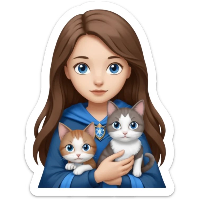 gorgeous Girl with light skin, blue eyes, long brown hair, wears a ravenclaw outfit, with a grey and white cat holding in her arms sticker