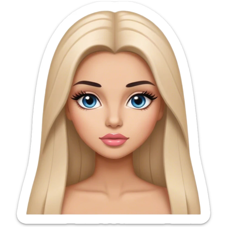 Glamours, tanned, very beautiful girl, with big pump peach-beige-rose lips, long long lashes, black straight smooth silky long hair, straight parting hair, blue-grey eyes sticker
