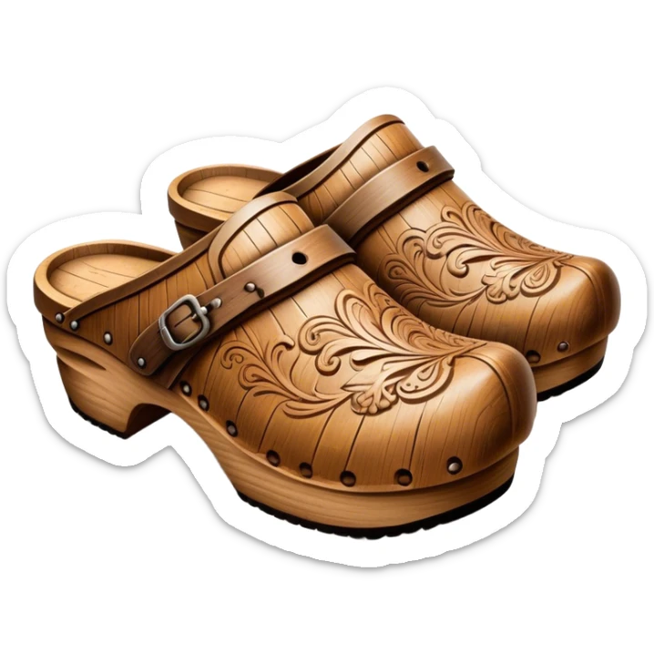 Cinematic Realistic Wooden Clogs Emoji, depicted as a pair of traditionally carved weathered wooden clogs with intricate details and rustic charm, rendered with rich textures and warm natural lighting that captures their cultural heritage. sticker