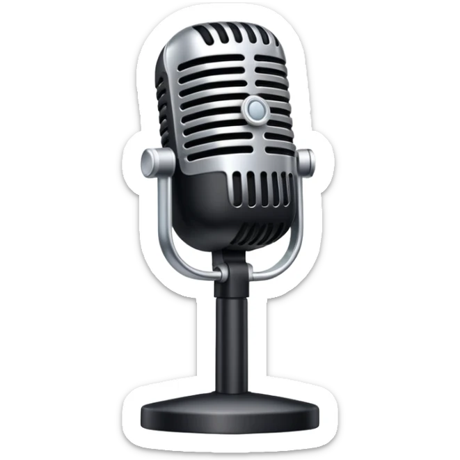 An emoji of a classic microphone. A sleek, metallic design with a black grille on top, slightly angled as if ready for speaking or singing. Simple, modern, and professional look sticker