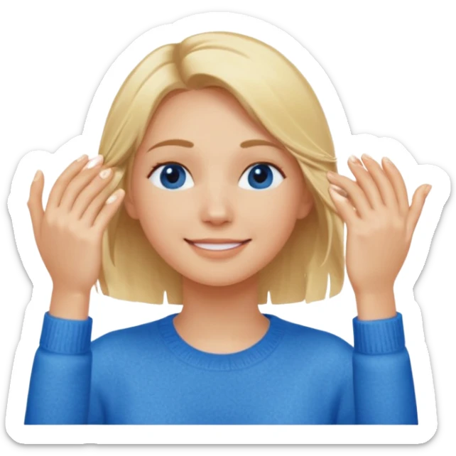 Girl massaging her head with blonde wet hair with anti-dark circles patches in her eyes dressed in a blue sweater with a smile sticker