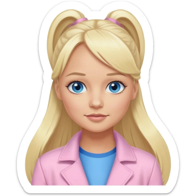 Emma Bunton with long blonde ponytail hair, blue eyes, light pink outfit sticker