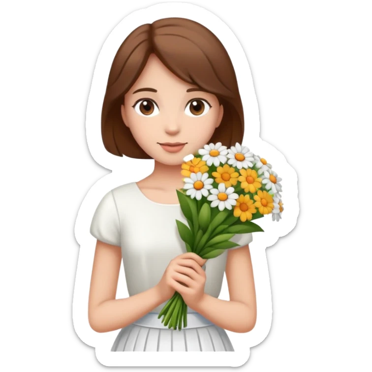 girl with brown hair wearing a white skirt holding a bouquet of flowers sticker