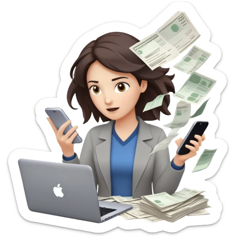 woman holding a phone in one hand, laptop open in front, storm of receipts, invoices, and reminders swirling around, multitasking chaos sticker