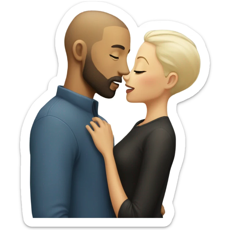 white man with beard and buzz cut kissing black woman with blonde hair sticker