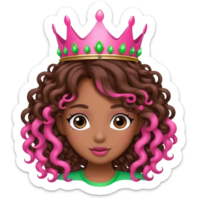 Brown girl diva long curly brown hair with pink and green crown sticker