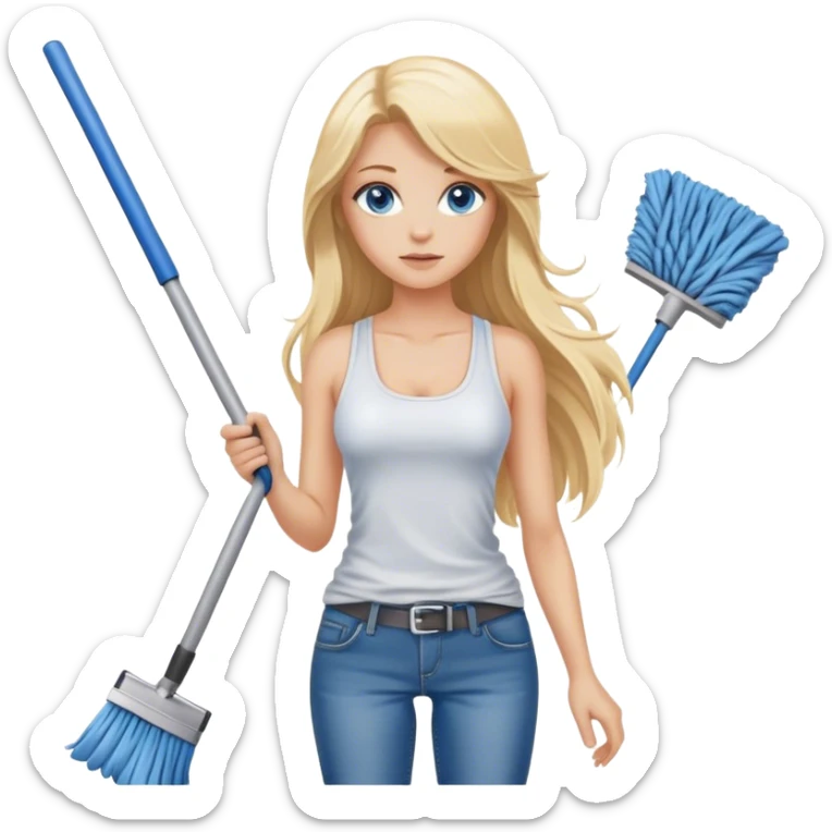 Cinematic realistic blonde with long hair and blue eyes, dressed in jeans and a tank top, holding a mop in her hands sticker