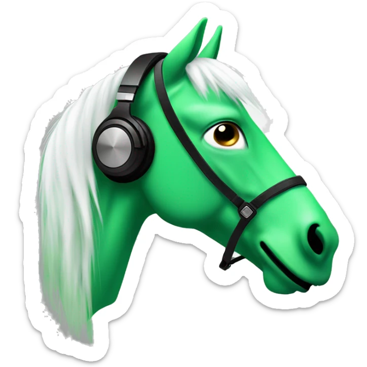emoji of a green horse with white hair, and dj headphones on. it’s face is made of combination of laughing emoji and kissing emoji  sticker