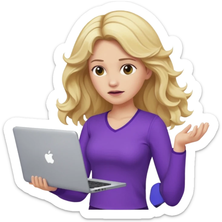 lady with long blonde wavy hair, purple top throwing her with a laptop looking defeated sticker