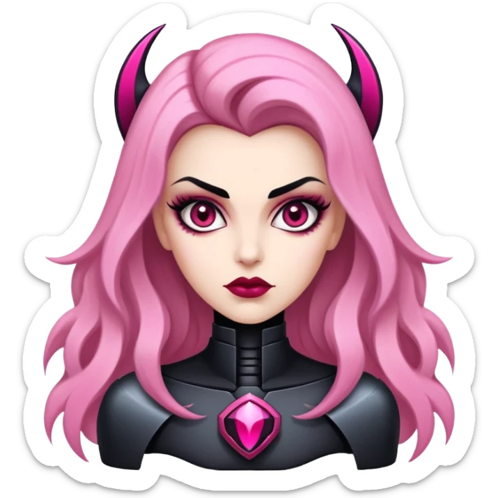vampira de cabelo loiro escuro com mecha rosa no lado esquerdo cabelo no ombro franja abaixo da sobrancelha olhos pretos pele palida sticker