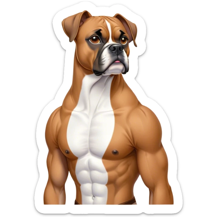 Cinematic Noble Fawn Boxer Dog Portrait Emoji, Poised and regal, with a strong, muscular build and a sleek, well-groomed fawn coat accented by a white muzzle and chest, deep-set soulful brown eyes, Simplified yet sharp and sophisticated features, highly detailed, glowing with a soft, dignified glow, high shine, intelligent and loyal, stylized with an air of strength, focused and attentive, soft glowing outline, capturing the essence of a watchful and confident guardian, so majestic it feels as though it could step out of the screen with effortless authority! sticker
