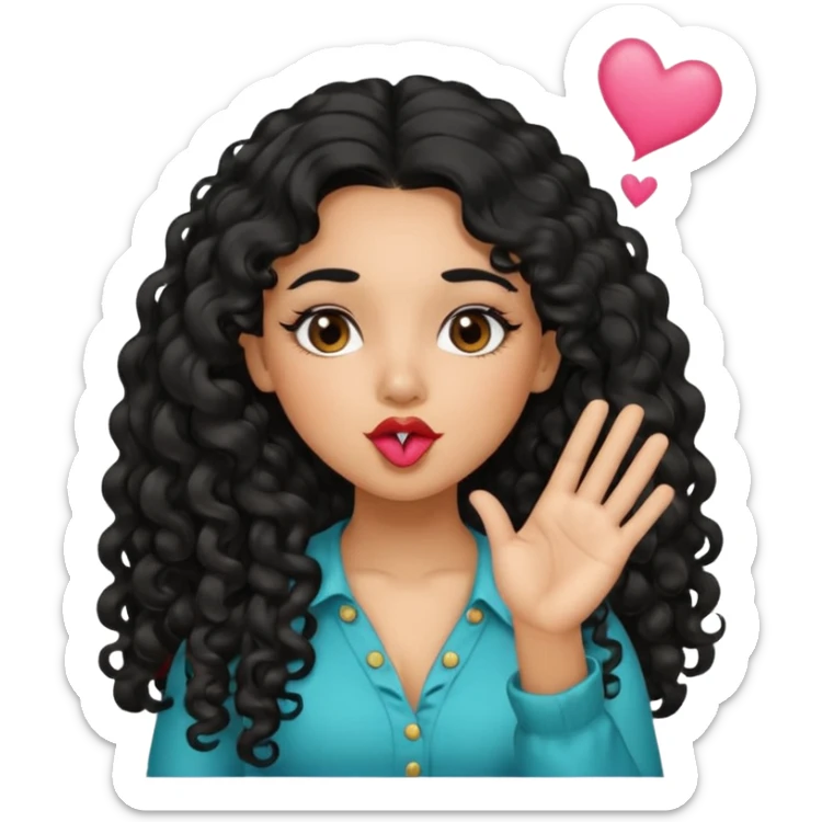 Latina girl with long curly black hair, blowing a kiss sticker