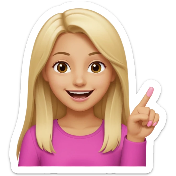 blonde tan girl with long straight hair brown eyes laughing and pointing with one fringer at me wearing oink  sticker