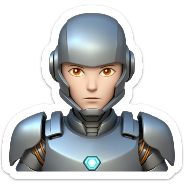 mechanical armored man portrait, head and shoulders only, futuristic metal armor, glowing energy lines, robotic shoulder plates, intense expression, sci-fi warrior vibe, 3D cartoon style, mobile game icon style, clean background, no text, no watermark
  sticker