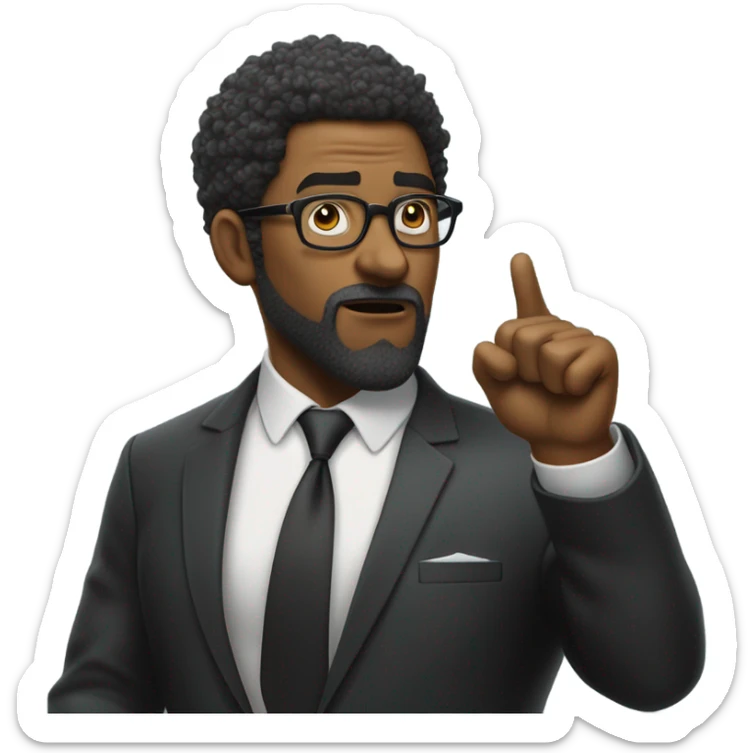 Muscular Black politician with afro and goatee busting out his suit with glasses giving oration with right index finger in the air and a stern countenance. sticker