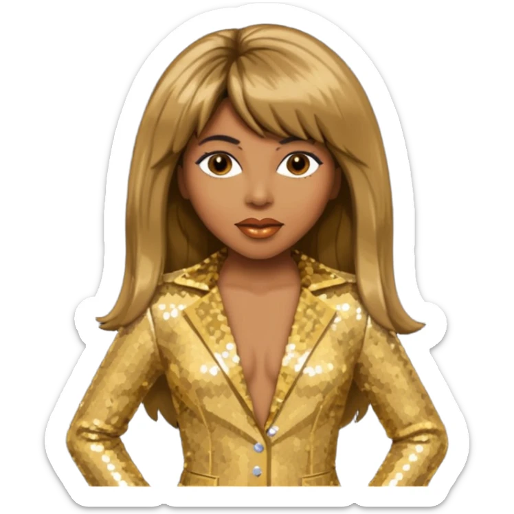 Tina Turner with long brown straight hair, gold sequin outfit sticker