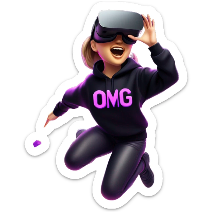 Russian girl wearing black hoody with violet letters "OMG", in vr headset oculus quest2. jumping. Cyberpunk style. Violet neon. sticker