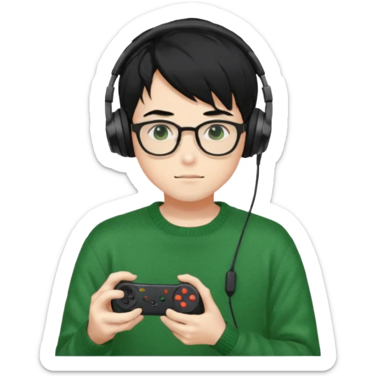 
gamer, Gorgeous green sweater black hair anime style shojo guy glasses, headphone, gamepad sticker