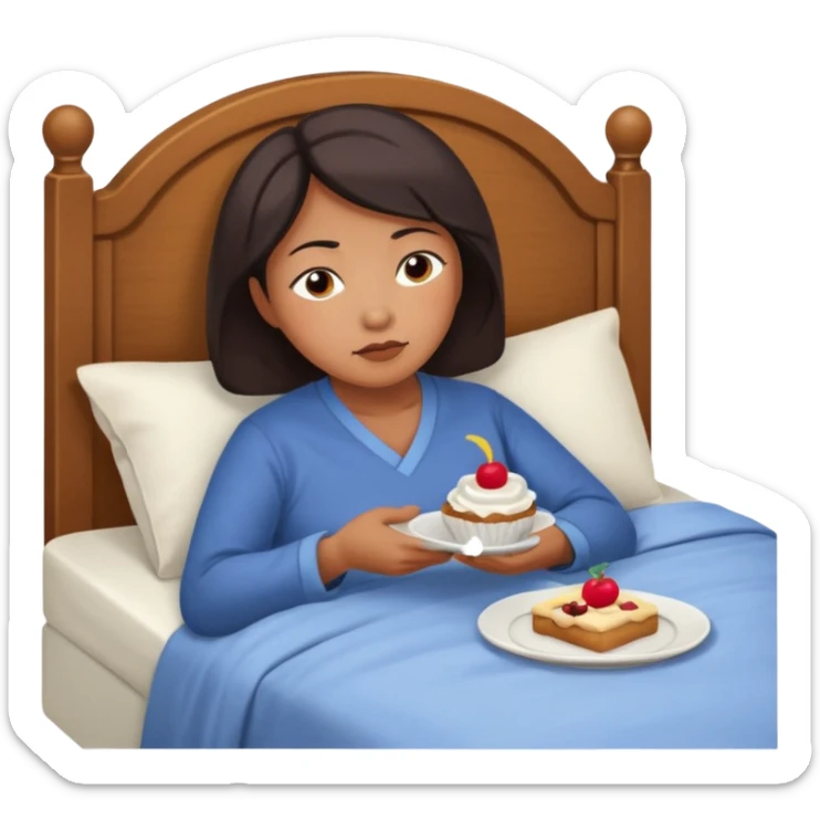 A middle-aged Asian woman lying in bed, unable to sleep thinking of dessert sticker