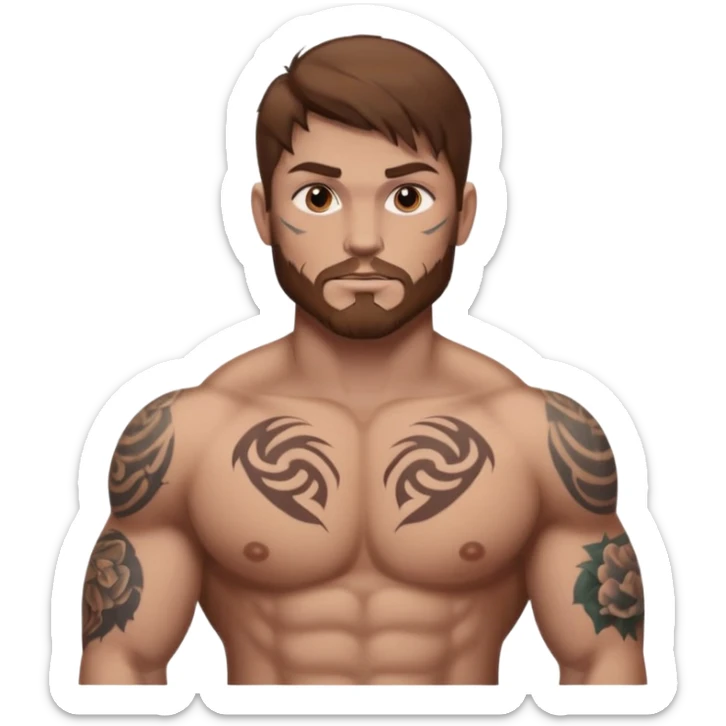 tattoo man, fair white skintone,brown hair, tattoos on face, more visible, bulky man with tattos on his chest, heavy tattoos. sticker
