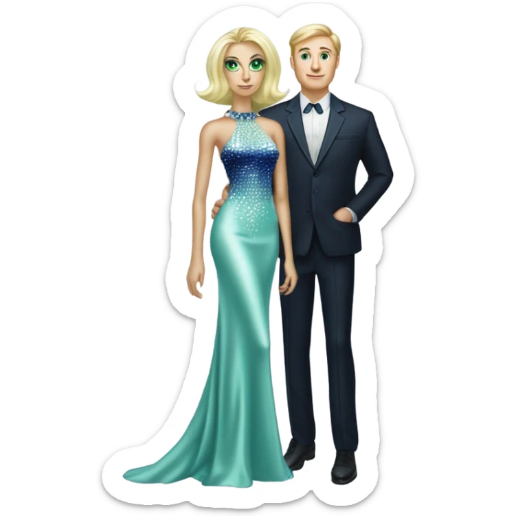 light green skin alien blonde woman in long slim pastel blue formal party satin dress with gradient shiny sparkling navy blue diamonds embroidered , and caucasian man in black dress sticker