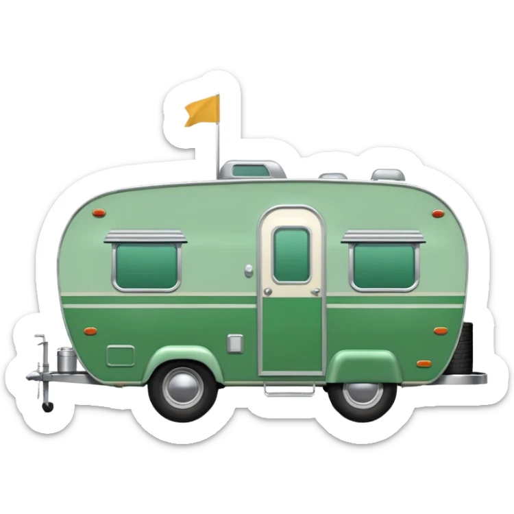 1950s travel trailer, two tires, colored all green, the same green shade as movie trailer green preview card, light grey tires and grey hitch sticker