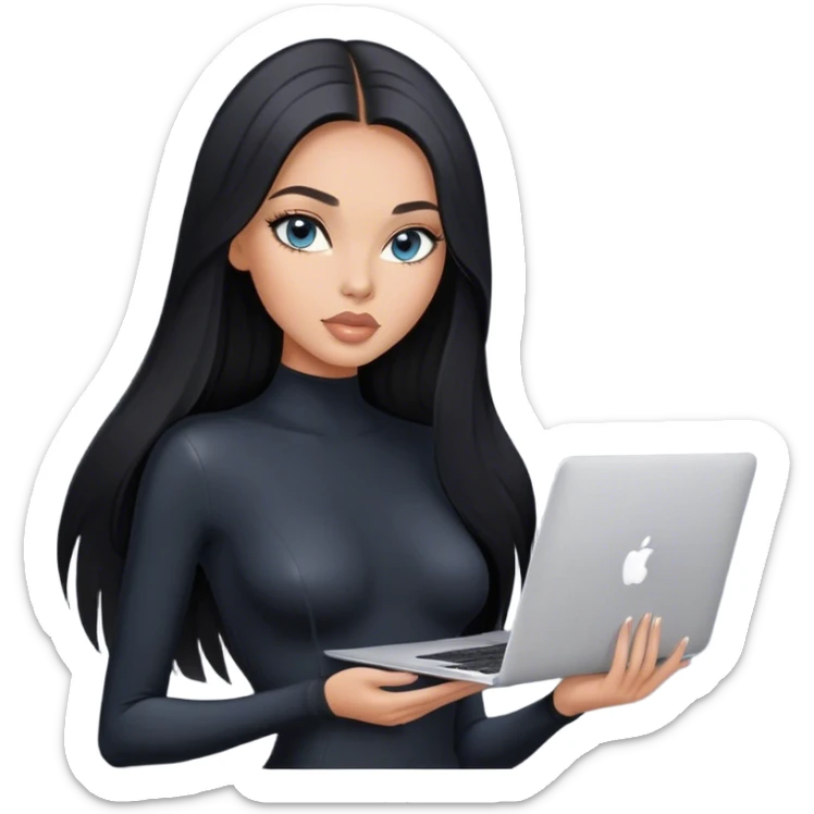 Glamours tanned very beautiful girl with pump peach nude lips and black straight smooth long hair, blue-grey eyes in black bodysuit with MacBook sticker