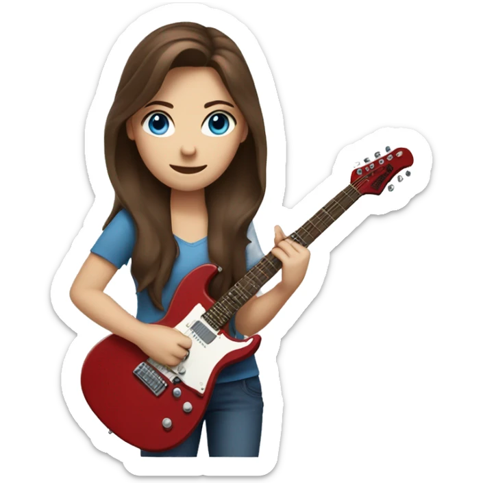 Girl with Brown hair and blue eyes with a red electric guitar sticker