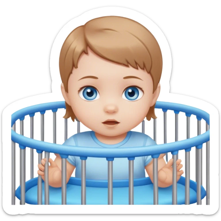 Blue-eyed baby girl with short light brown cuhair in playpen  sticker