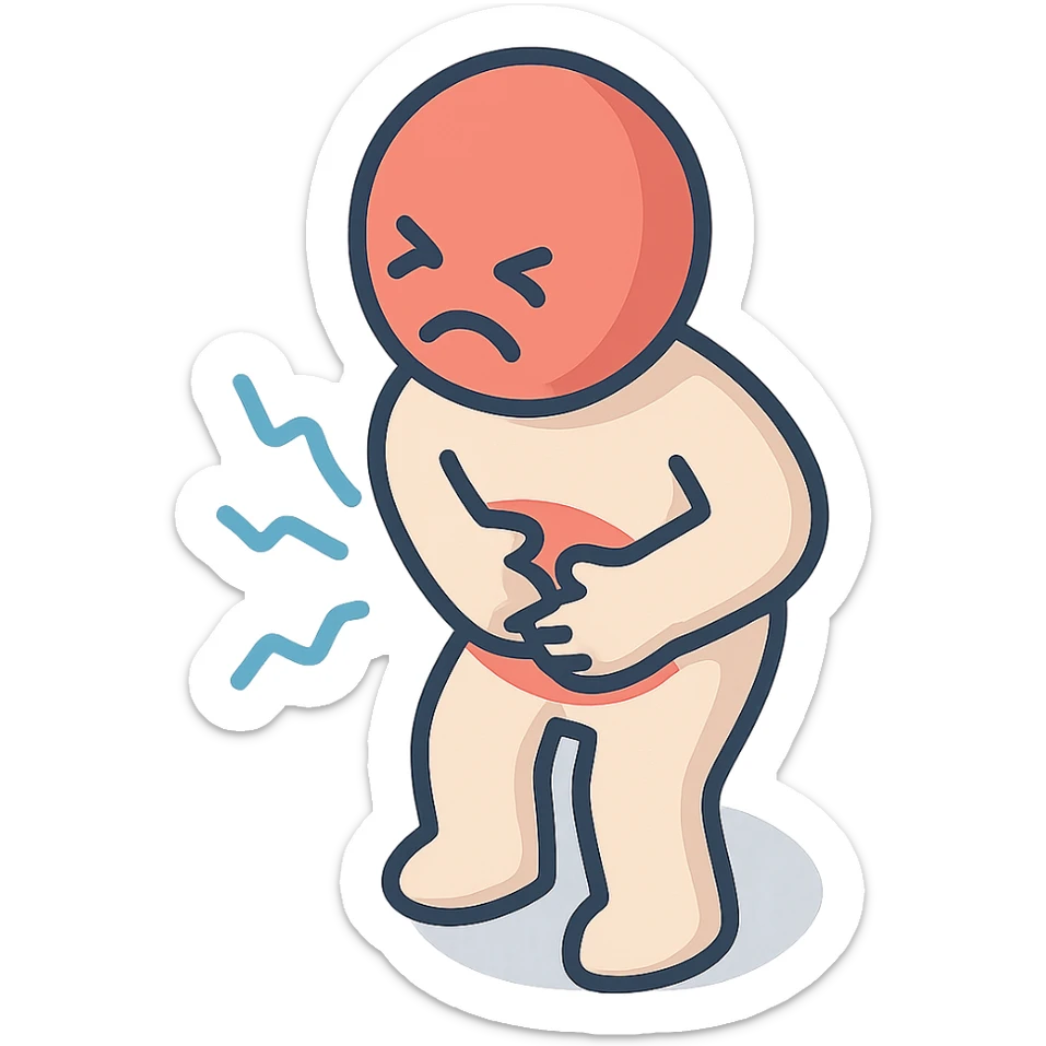 torso of a little person holding stomach, grimacing in pain, pain waves around, 2d isometric style, shadows and highlights, torso, stomach, and arms, transparent background sticker