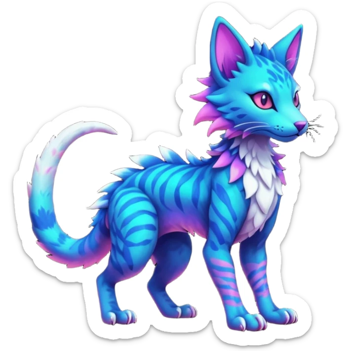 Kawaii dark edgy colorful vibrant neon glowing fantasy feline-vernid-sergal-trico-fursona animal creature with a tufted tail full body with intricate markings  sticker