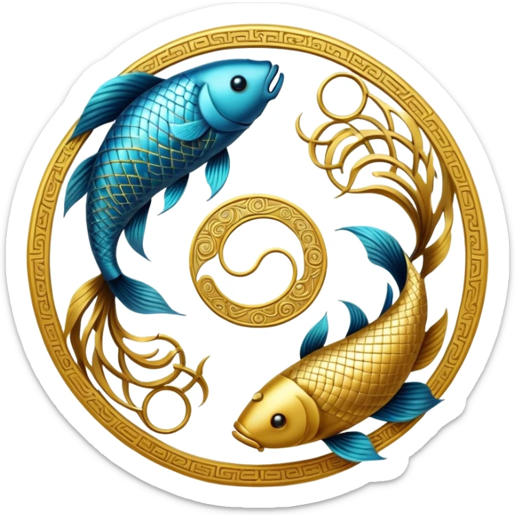 The zodiac symbol Pisces. Two fish in a “yin-yang” formation. One fish’s head is facing the other fish’s tail, and vice versa forming a hoop sticker