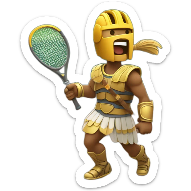 Roman gladiator with one tennis racket on right hand playing in tennis court sticker