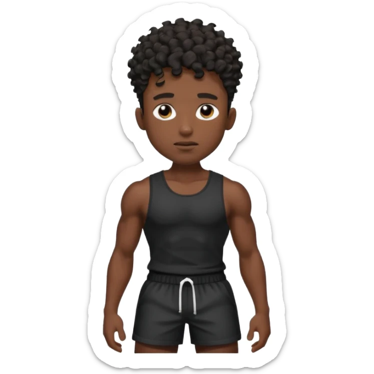 Ripped, athletic man with thick neck, high top fade with no part, curly hair only top only, no shirt and show waistline up, black shorts and more man face sticker