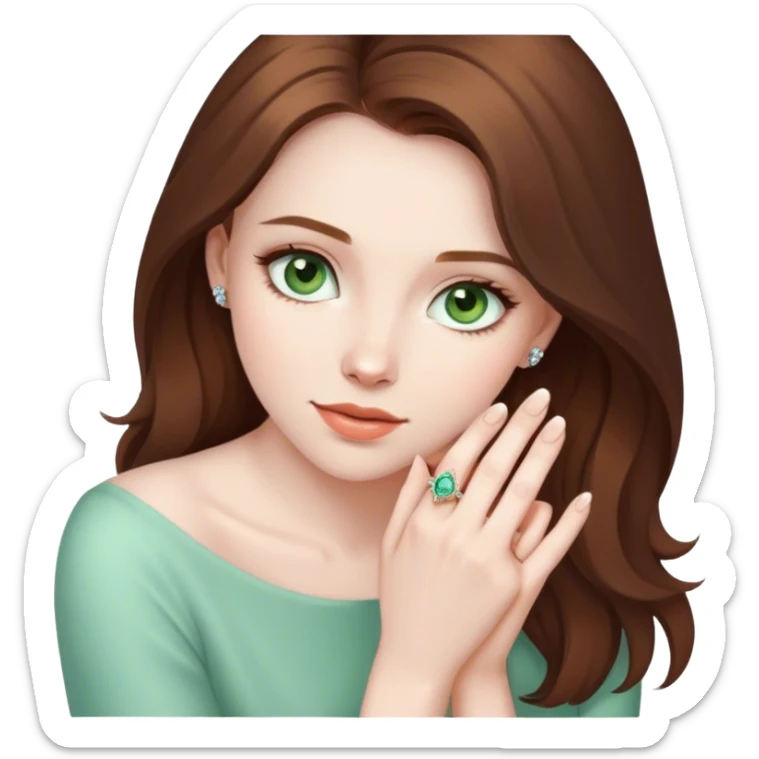 Girl with pale skin and brown hair and light green eyes with engagement ring on the hand sticker