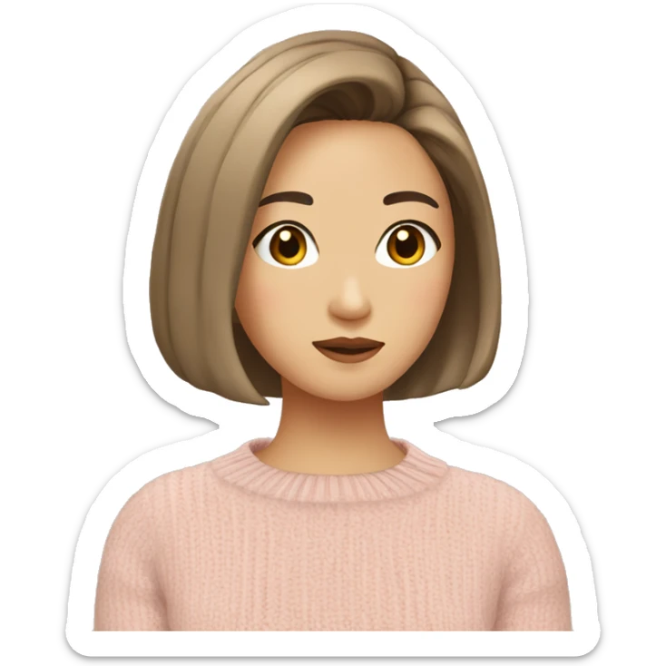 a young pretty asian woman, light brown short hair, light brown eyes, beige and pastel pink knit sweater, textured bob sticker
