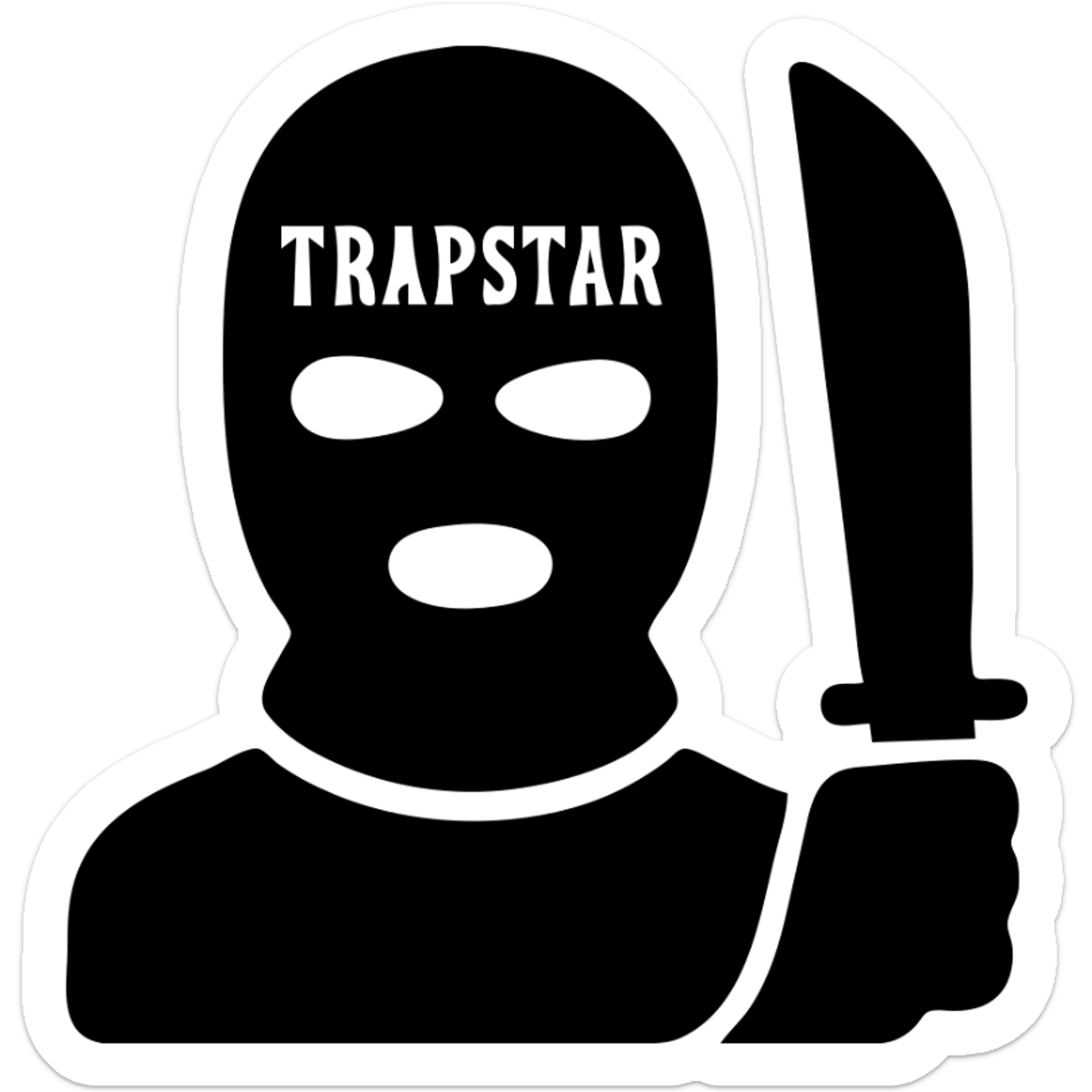 Black person with English appearance wearing a Trapstar balaclava, holding a black machete knife sticker