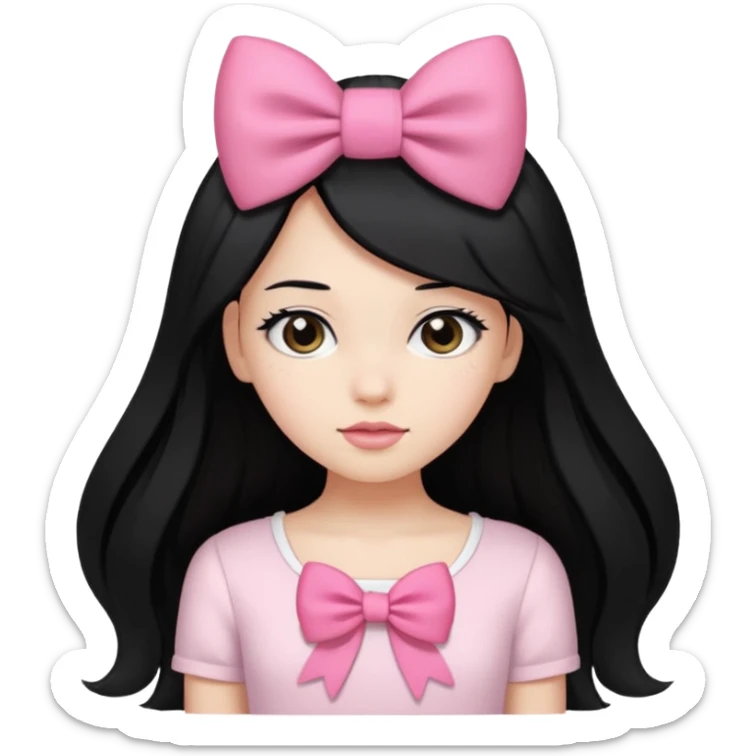 Girl with long black hair with pink bow only on the hair white top sticker