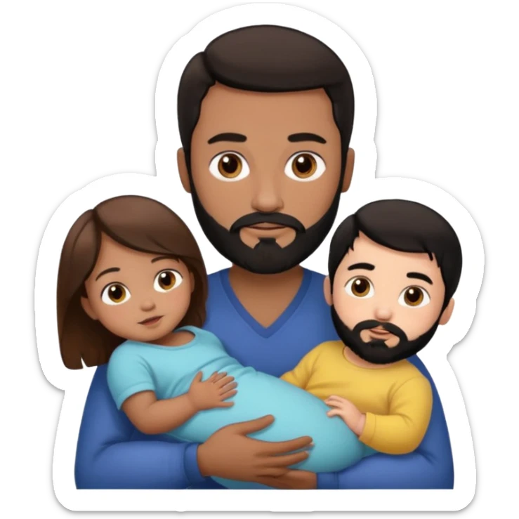 Una mujer con pelo castaño y ojos marrones  con un bebé y un hombre con pelo negro y barba sin bebe sticker