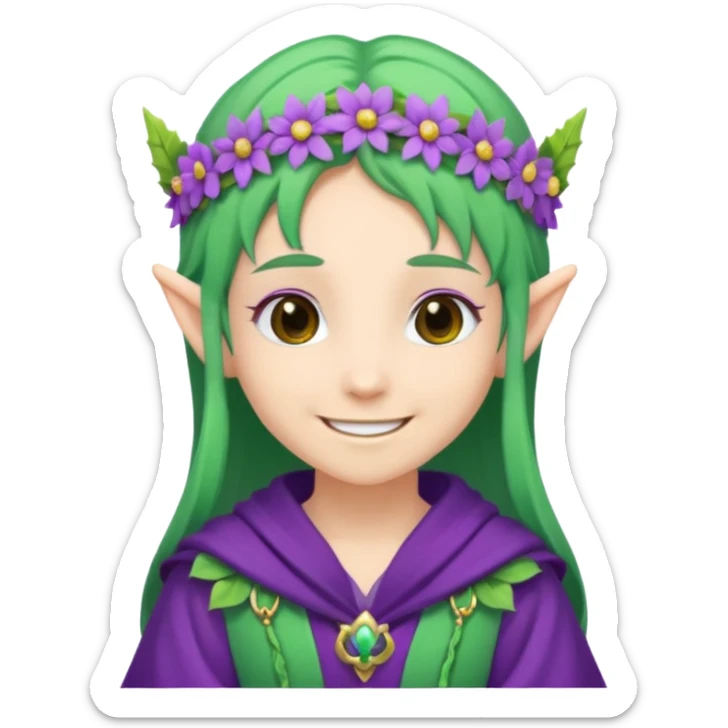 green hair elves, wearing purple with flower crowns sticker