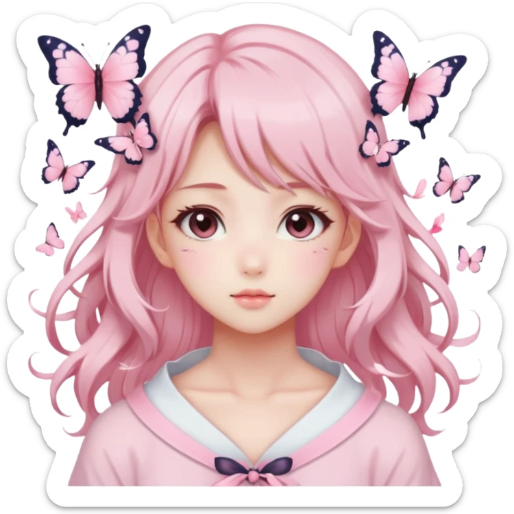A Gorgeous Beautiful Anime Lady Sakura Cherry Blossom and Pretty Hair, pastelcore aesthetic, pastel pink and white, butterfly, Fairycore sticker