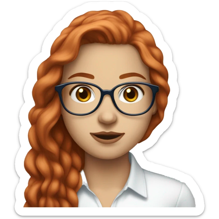 White-girl-with-long-hair-red-head-eyes-blue-wearing-wire-rim-glasses-blouse-formal-white sticker