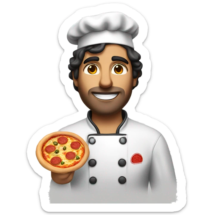 Pizza chef with dark hair , holding a Pizza and his name is Fabio and speaks Brazilian  sticker