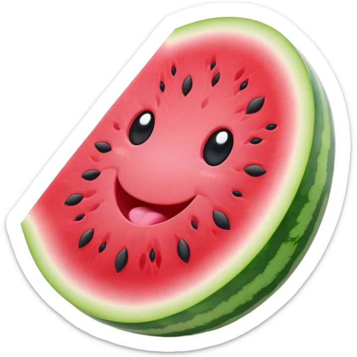 Cute Kawaii Watermelon Slice, juicy and vibrant, soft pastel green rind with pink flesh, tiny black seeds shaped like hearts, an adorable happy face with cute round eyes, bursting with summer energy! sticker