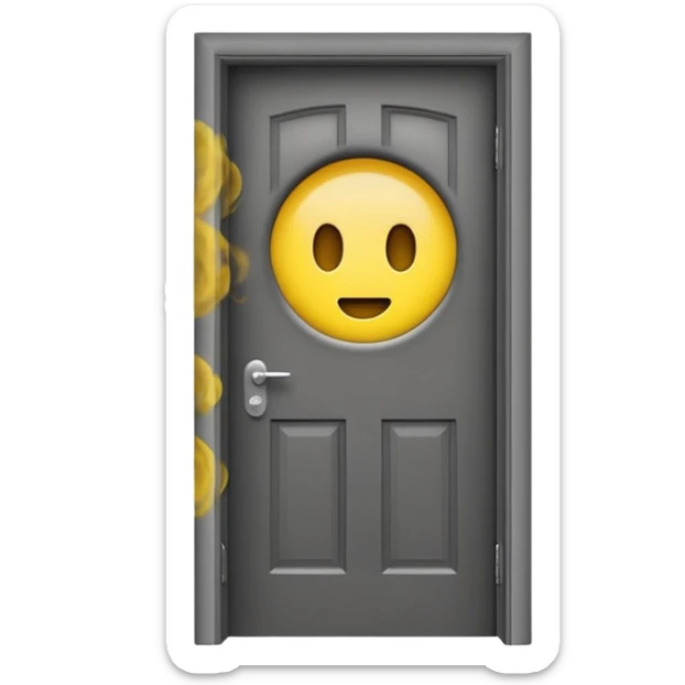Minimalist emoji-style sticker of a half-open door, with smoke and a single glowing eye visible in the dark inside. Flat design, desaturated colors.
 sticker