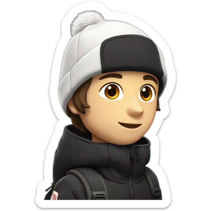 white boy,mi-long brown hair,winter cap black The North face,black jacket The North face,1 Backpack sticker